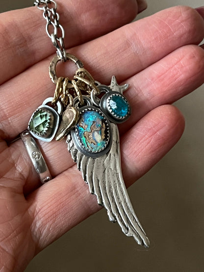 Angel wing charm necklace, boulder opal, apatite and tourmaline, mixed metal jeweller gift for her