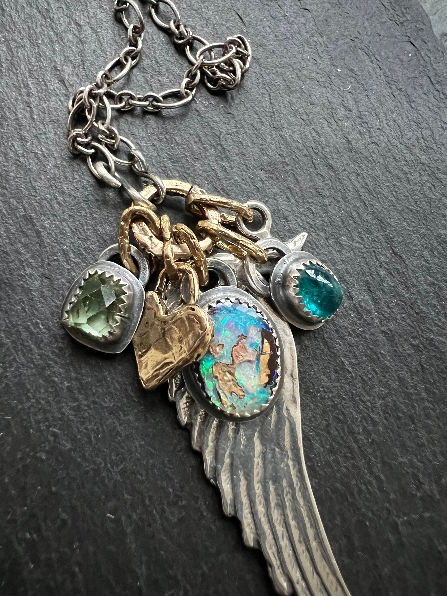 Angel wing charm necklace, boulder opal, apatite and tourmaline, mixed metal jeweller gift for her