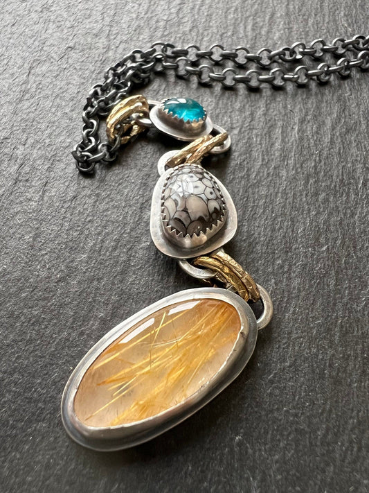 Golden quartz and fossilised snakeskin necklace, charm bezel set gemstone jewellery in sterling silver