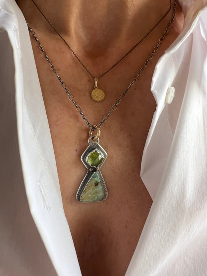 Green tourmaline and Boulder opal necklace, mixed metal jewellery, gold and silver gemstone jewellery