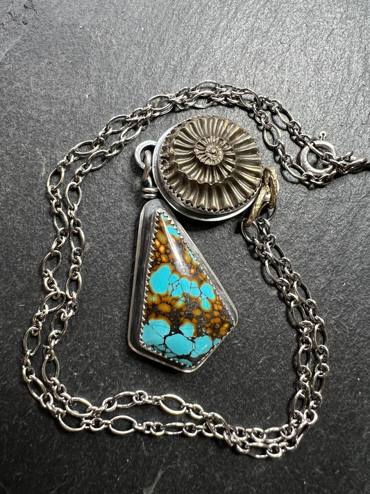 Ammonite negative and Turquoise necklace, bezel set mixed metal jewellery, boho statement necklace