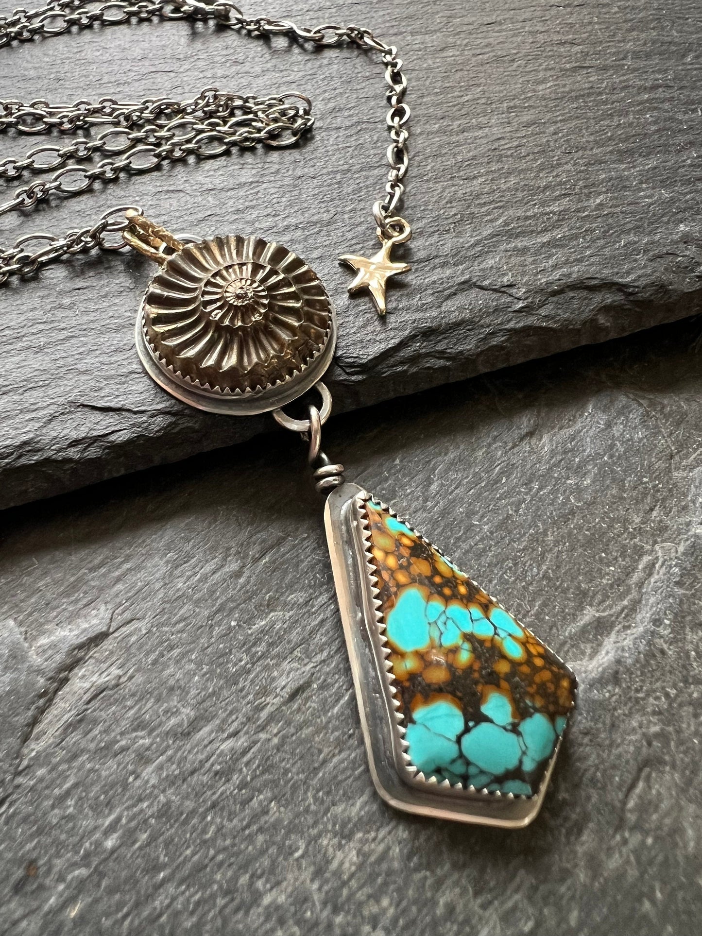 Ammonite negative and Turquoise necklace, bezel set mixed metal jewellery, boho statement necklace