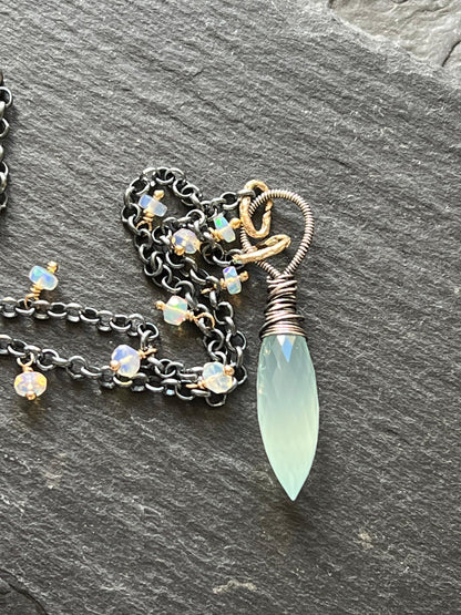 Chalcedony and opal necklace, jewellery gift for her, wire wrapped and dangle drop jewelry, mixed metal necklace