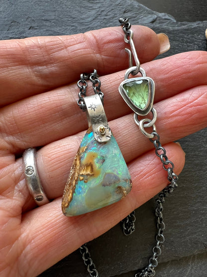 Mint Boulder opal necklace, bezel set gemstone jewellery, mixed metal necklace