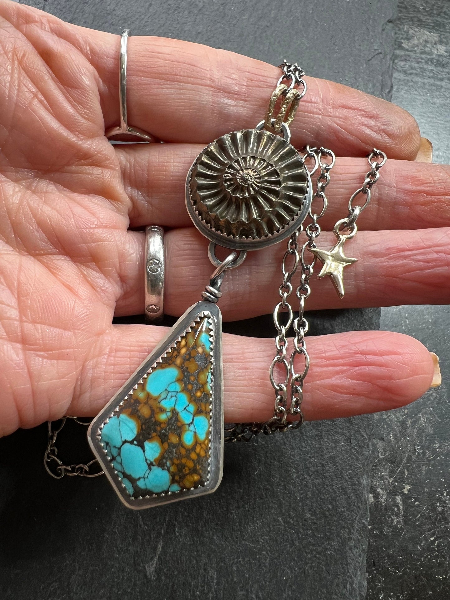 Ammonite negative and Turquoise necklace, bezel set mixed metal jewellery, boho statement necklace