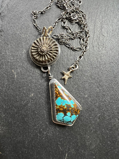 Ammonite negative and Turquoise necklace, bezel set mixed metal jewellery, boho statement necklace