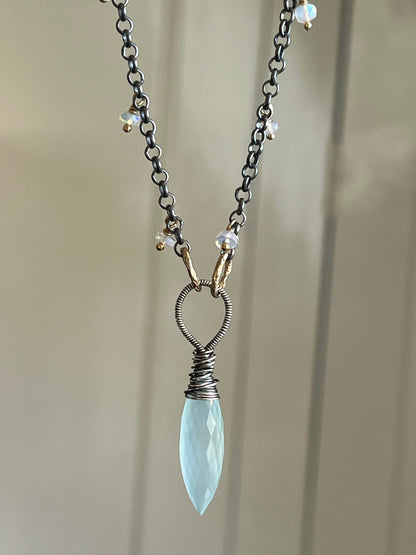 Chalcedony and opal necklace, jewellery gift for her, wire wrapped and dangle drop jewelry, mixed metal necklace