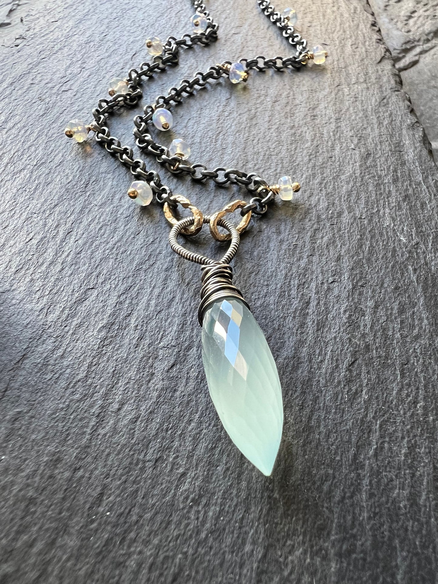 Chalcedony and opal necklace, jewellery gift for her, wire wrapped and dangle drop jewelry, mixed metal necklace