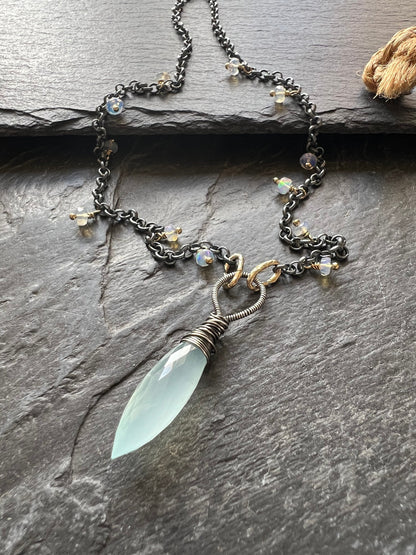 Chalcedony and opal necklace, jewellery gift for her, wire wrapped and dangle drop jewelry, mixed metal necklace