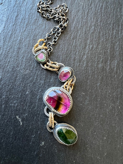 Tourmaline long charm necklace, bezel set sterling silver and mixed metal jewelry, pink and green stone necklace