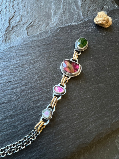 Tourmaline long charm necklace, bezel set sterling silver and mixed metal jewelry, pink and green stone necklace