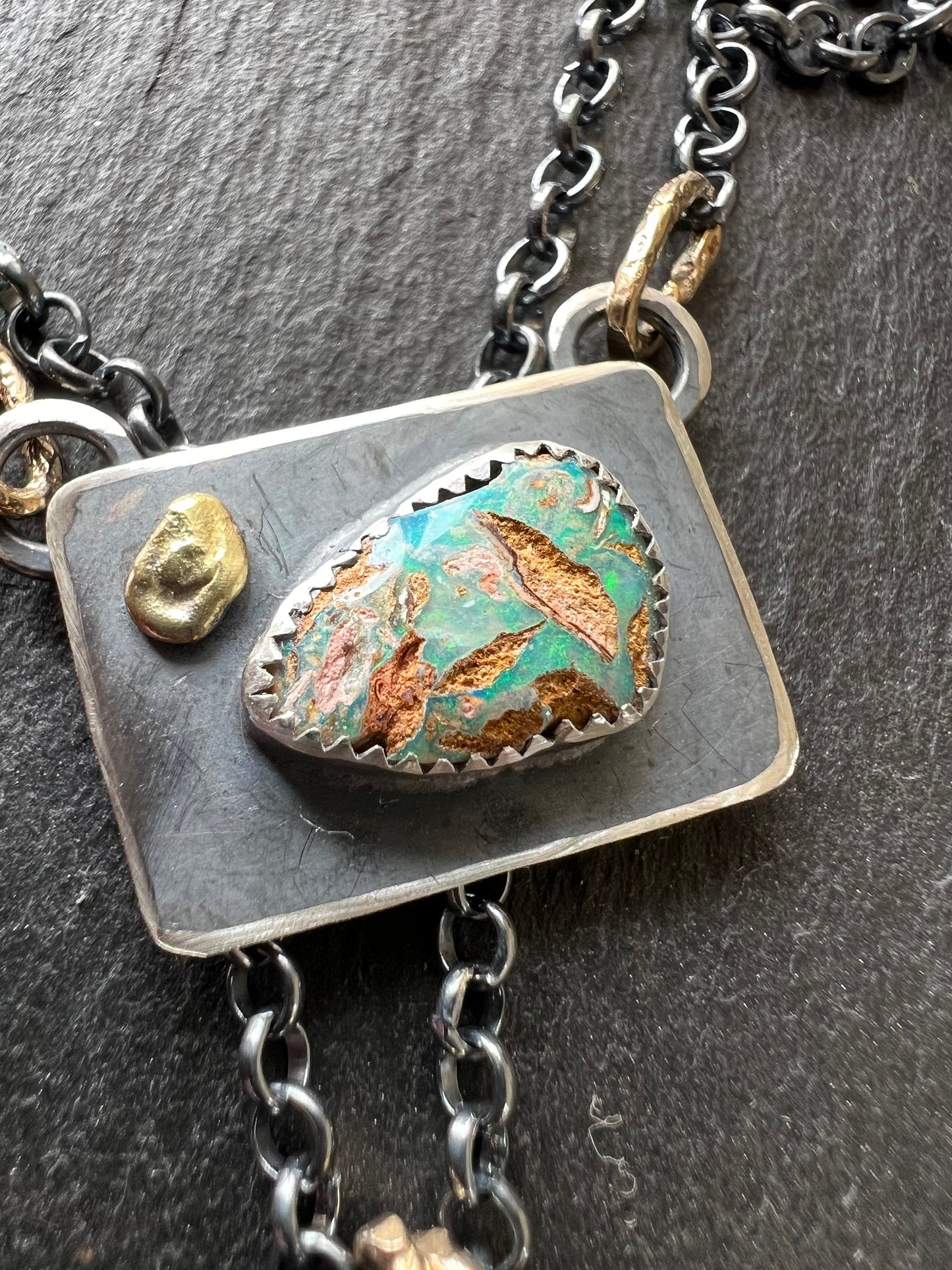 Layering opal necklace, boulder opal with a chrysoprase briolette, mixed metal necklace