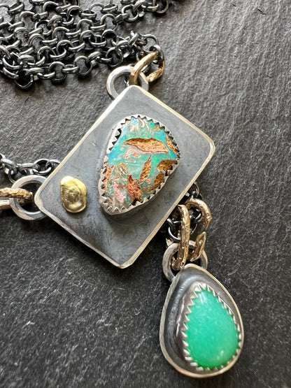 Layering opal necklace, boulder opal with a chrysoprase briolette, mixed metal necklace