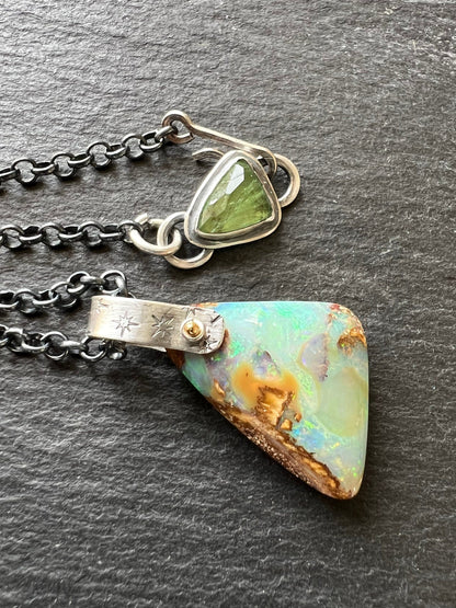 Mint Boulder opal necklace, bezel set gemstone jewellery, mixed metal necklace