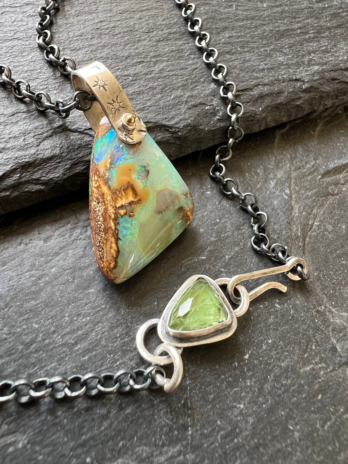 Mint Boulder opal necklace, bezel set gemstone jewellery, mixed metal necklace