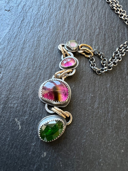 Tourmaline long charm necklace, bezel set sterling silver and mixed metal jewelry, pink and green stone necklace