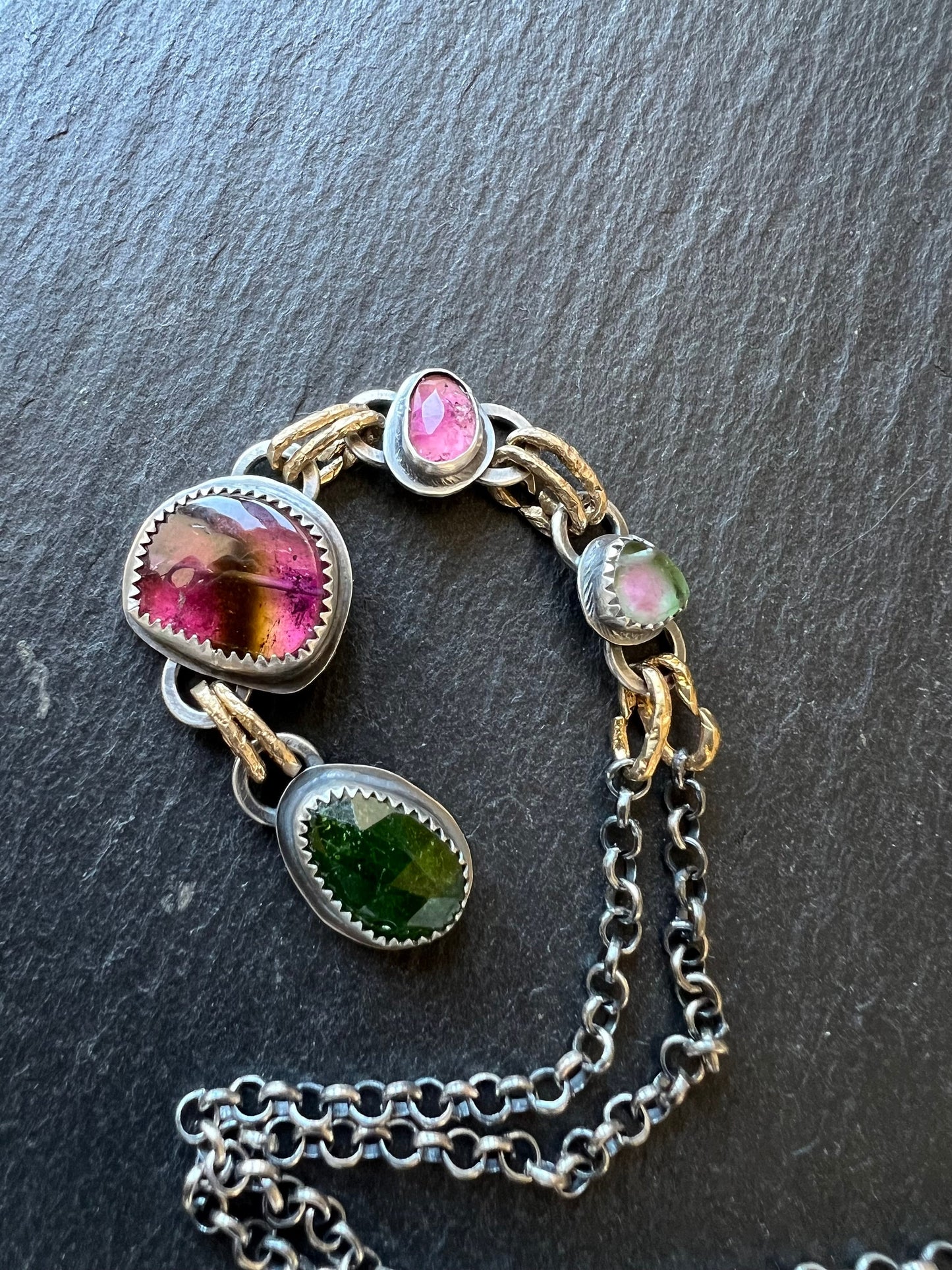 Tourmaline long charm necklace, bezel set sterling silver and mixed metal jewelry, pink and green stone necklace