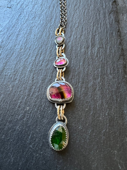 Tourmaline long charm necklace, bezel set sterling silver and mixed metal jewelry, pink and green stone necklace