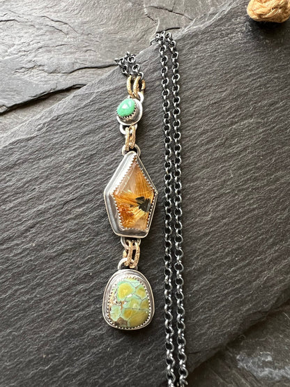 Golden quartz and turquoise necklace, charm bezel set gemstone jewellery in sterling silver