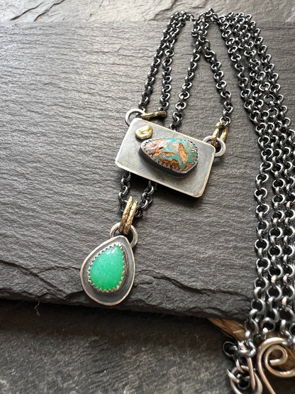 Layering opal necklace, boulder opal with a chrysoprase briolette, mixed metal necklace