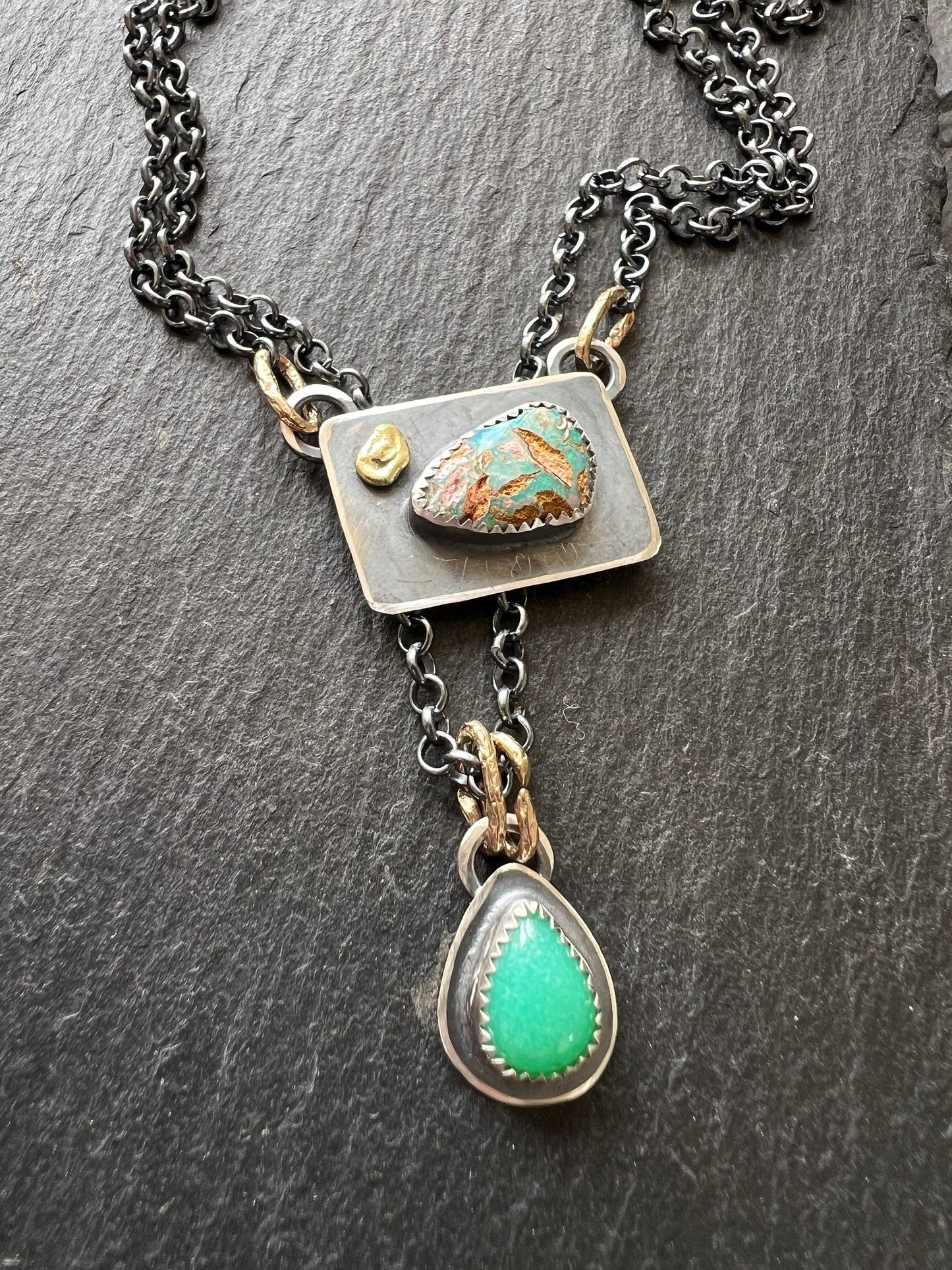 Layering opal necklace, boulder opal with a chrysoprase briolette, mixed metal necklace