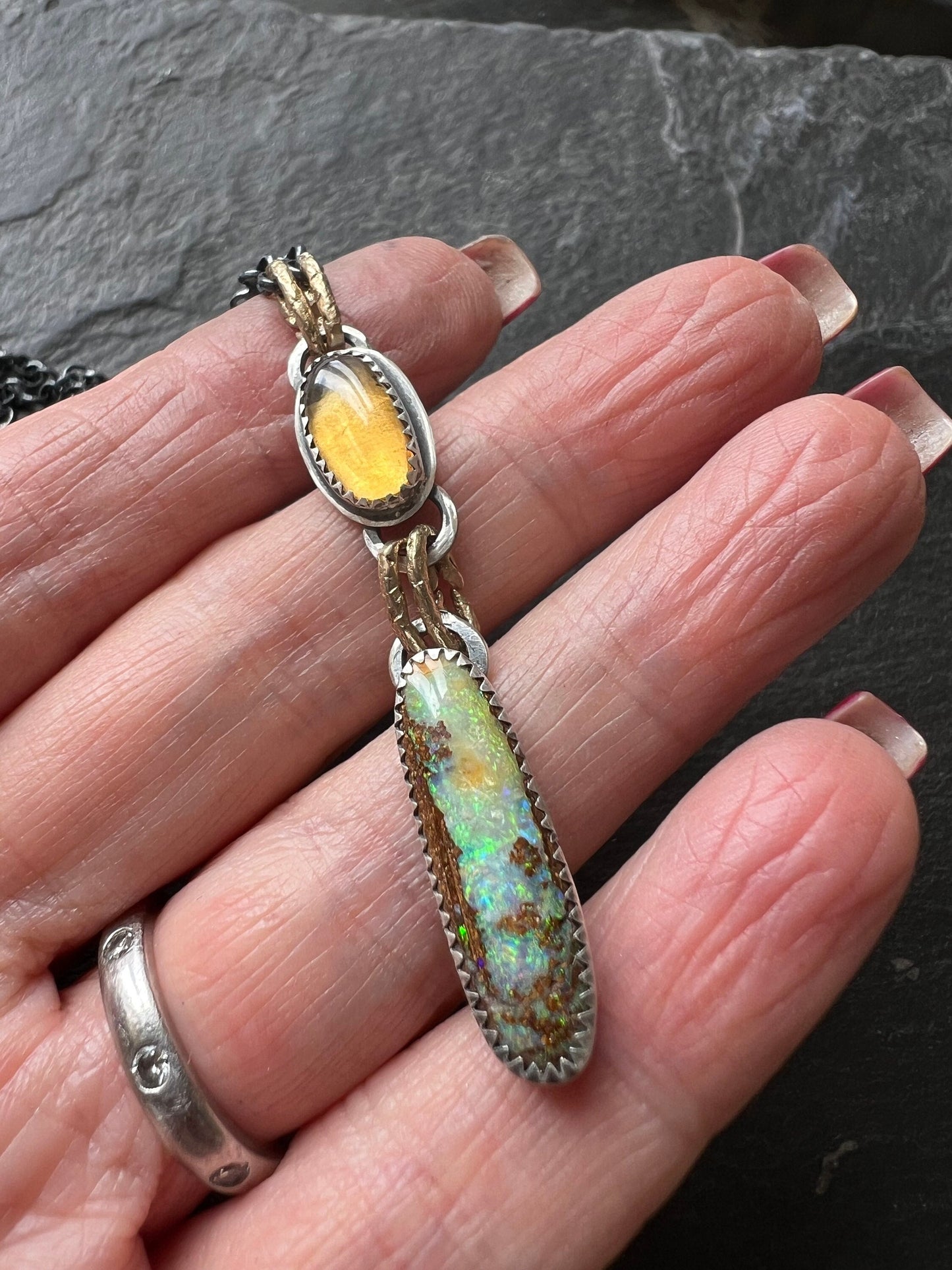 Beautiful Boulder opal necklace, bezel set gemstone jewellery, opal and citrine mixed metal necklace