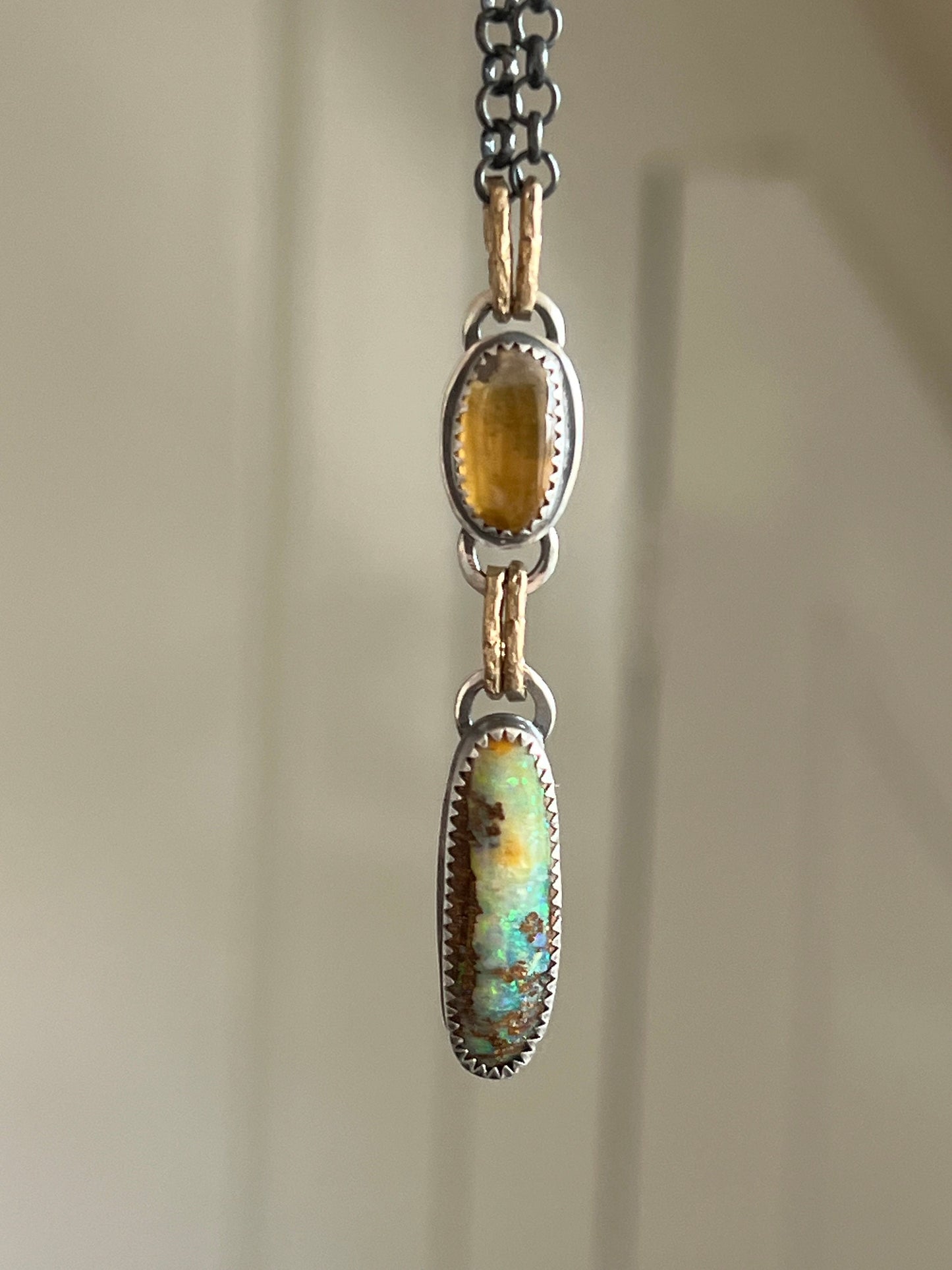 Beautiful Boulder opal necklace, bezel set gemstone jewellery, opal and citrine mixed metal necklace