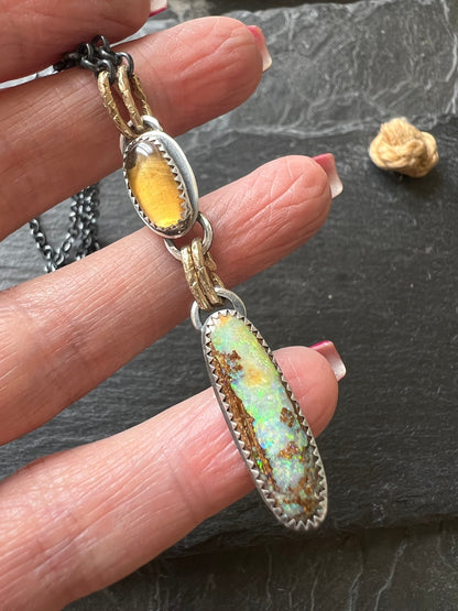 Beautiful Boulder opal necklace, bezel set gemstone jewellery, opal and citrine mixed metal necklace