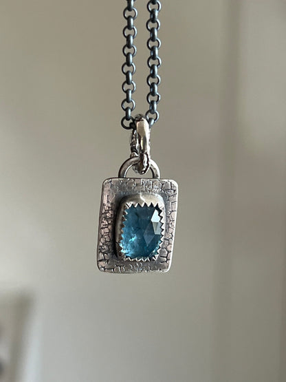 Petite aquamarine necklace, bezel set blue gemstone with sterling silver