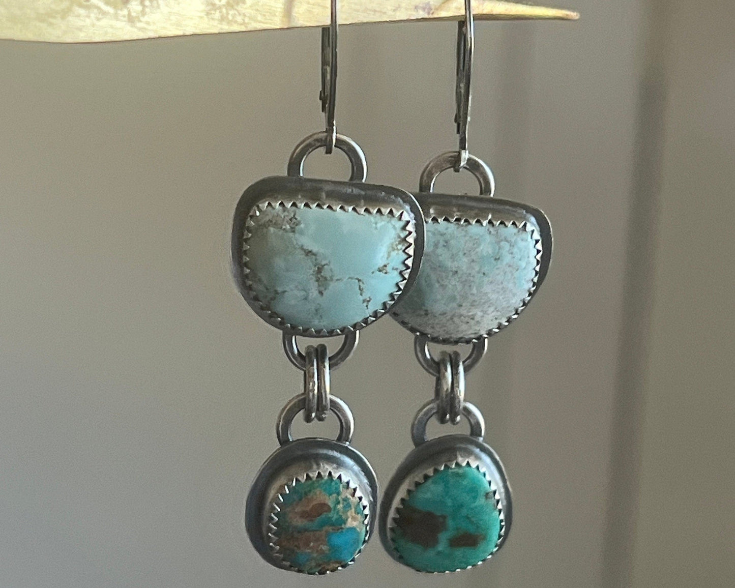 Mismatched turquoise earrings, bezel set earrings set in sterling silver, boho jewellery