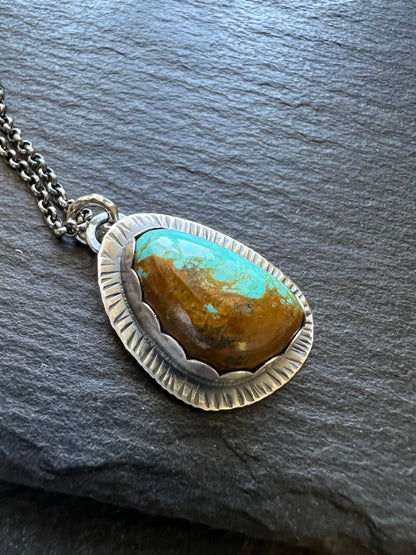 Tyrone Turquoise necklace, bezel set blue gemstone with sterling silver, December birthstone