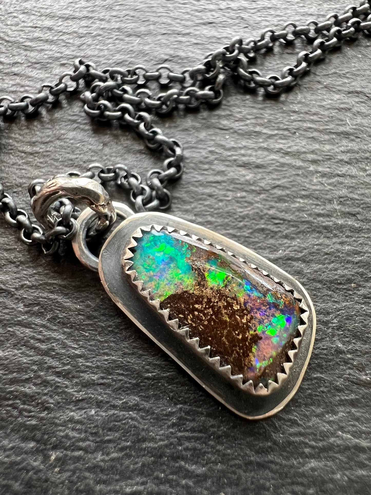 Beautiful boulder opal necklace, blue opal with sterling silver, layering necklace