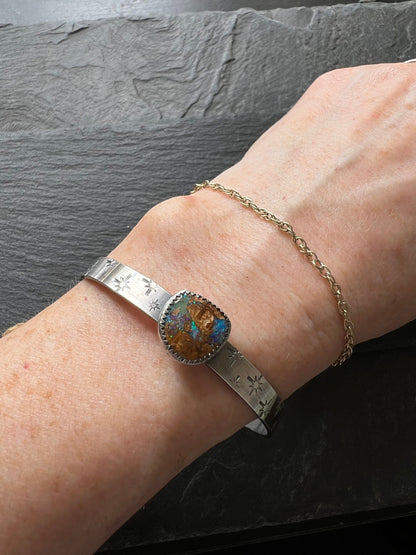 Blue Boulder opal sterling cuff bangle bracelet, bezel set charm silver stacking bracket, gift for her