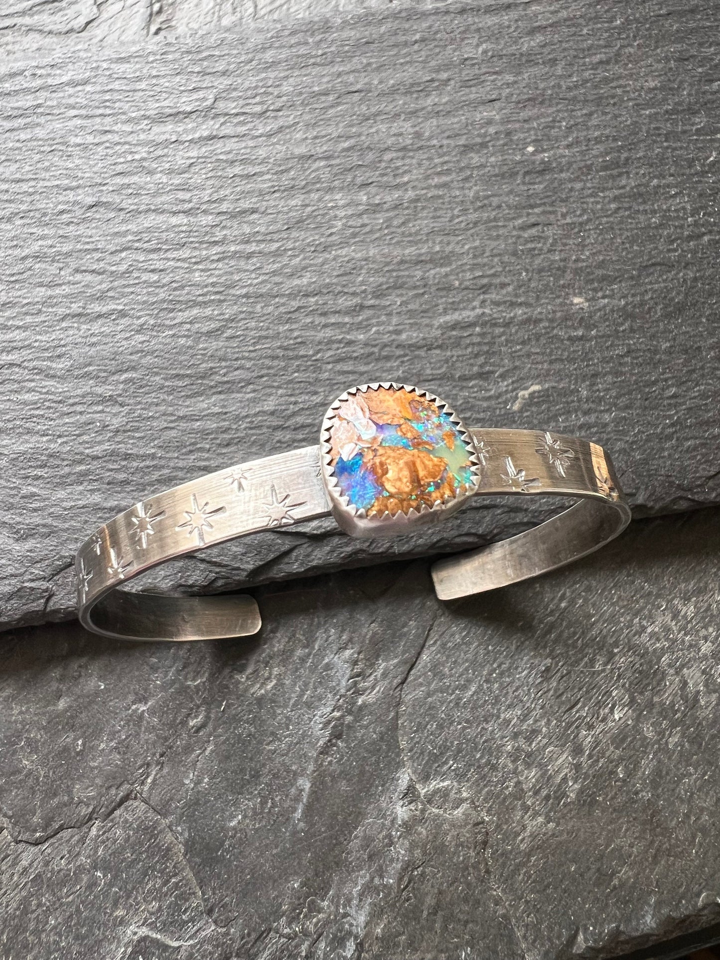 Blue Boulder opal sterling cuff bangle bracelet, bezel set charm silver stacking bracket, gift for her