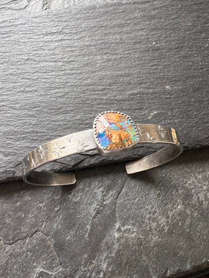 Blue Boulder opal sterling cuff bangle bracelet, bezel set charm silver stacking bracket, gift for her