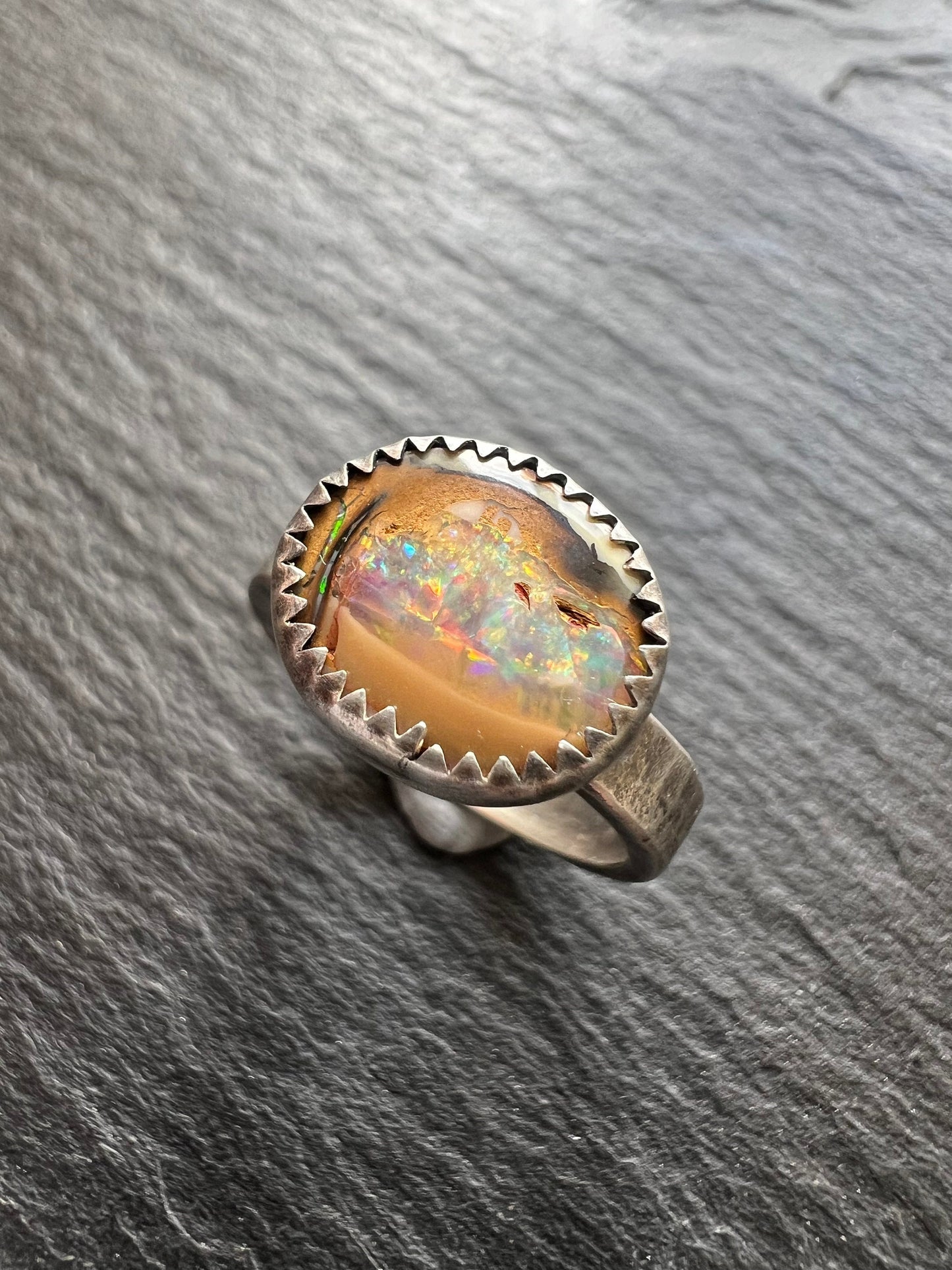 Boulder opal ring, bezel set charm silver Jewellery, gift for her