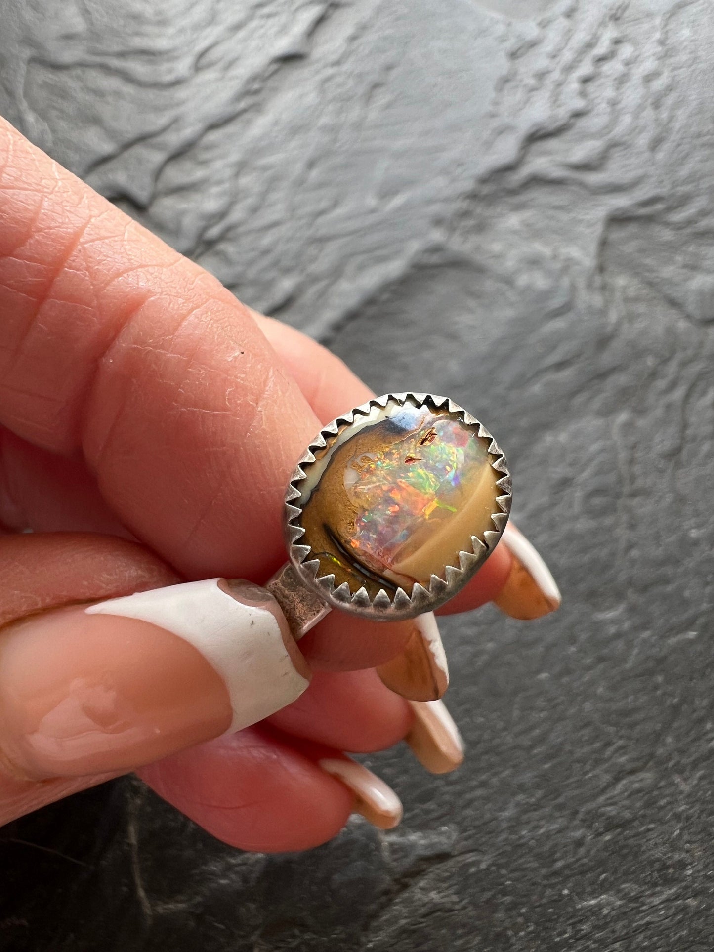 Boulder opal ring, bezel set charm silver Jewellery, gift for her