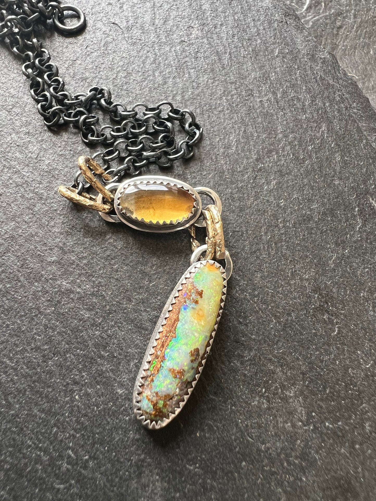 Beautiful Boulder opal necklace, bezel set gemstone jewellery, opal and citrine mixed metal necklace