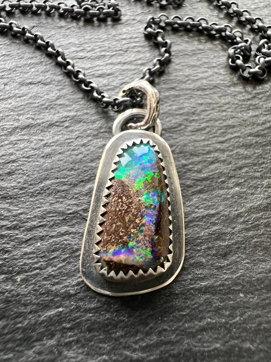 Beautiful boulder opal necklace, blue opal with sterling silver, layering necklace