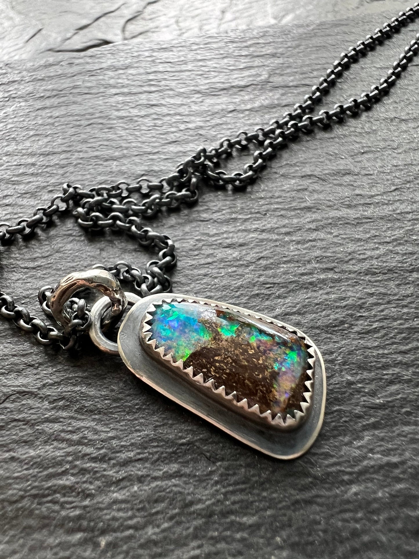 Beautiful boulder opal necklace, blue opal with sterling silver, layering necklace