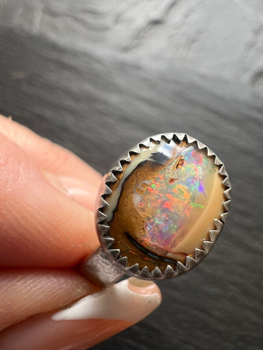 Boulder opal ring, bezel set charm silver Jewellery, gift for her