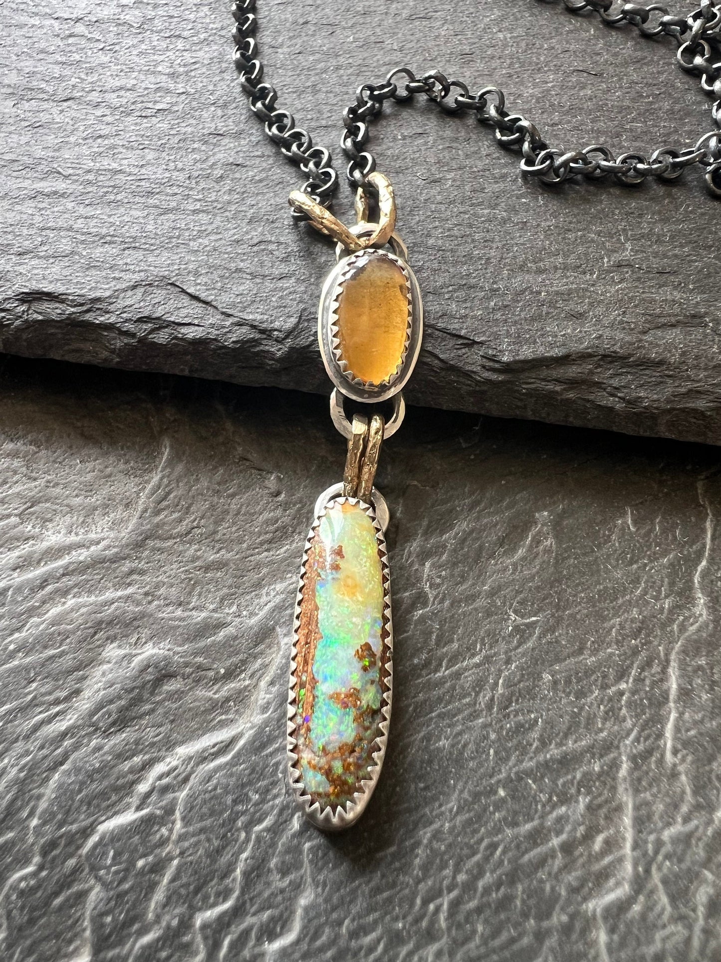 Beautiful Boulder opal necklace, bezel set gemstone jewellery, opal and citrine mixed metal necklace