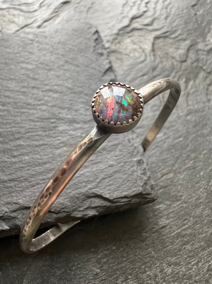 Opal sterling cuff bangle bracelet, bezel set charm silver stacking bracket, gift for her