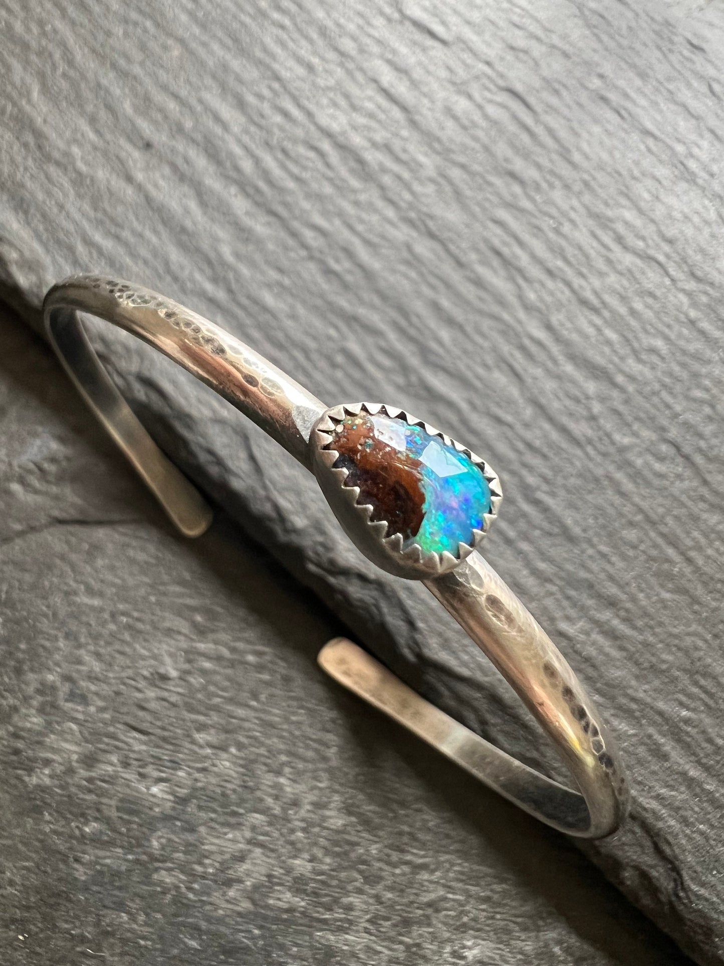 Boulder opal sterling cuff bangle bracelet, bezel set charm silver stacking bracket, gift for her