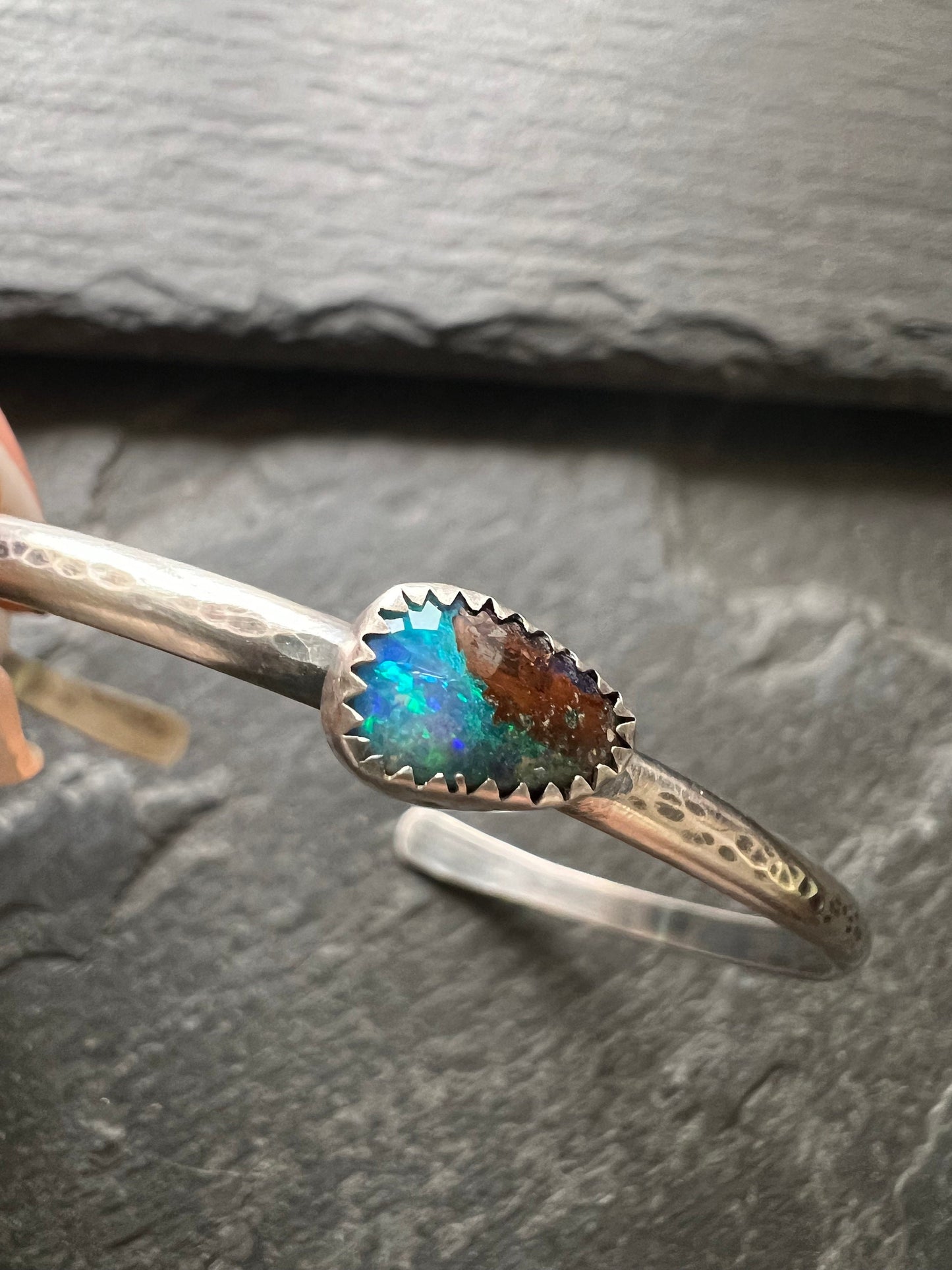 Boulder opal sterling cuff bangle bracelet, bezel set charm silver stacking bracket, gift for her