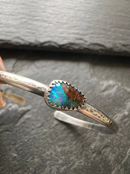 Boulder opal sterling cuff bangle bracelet, bezel set charm silver stacking bracket, gift for her