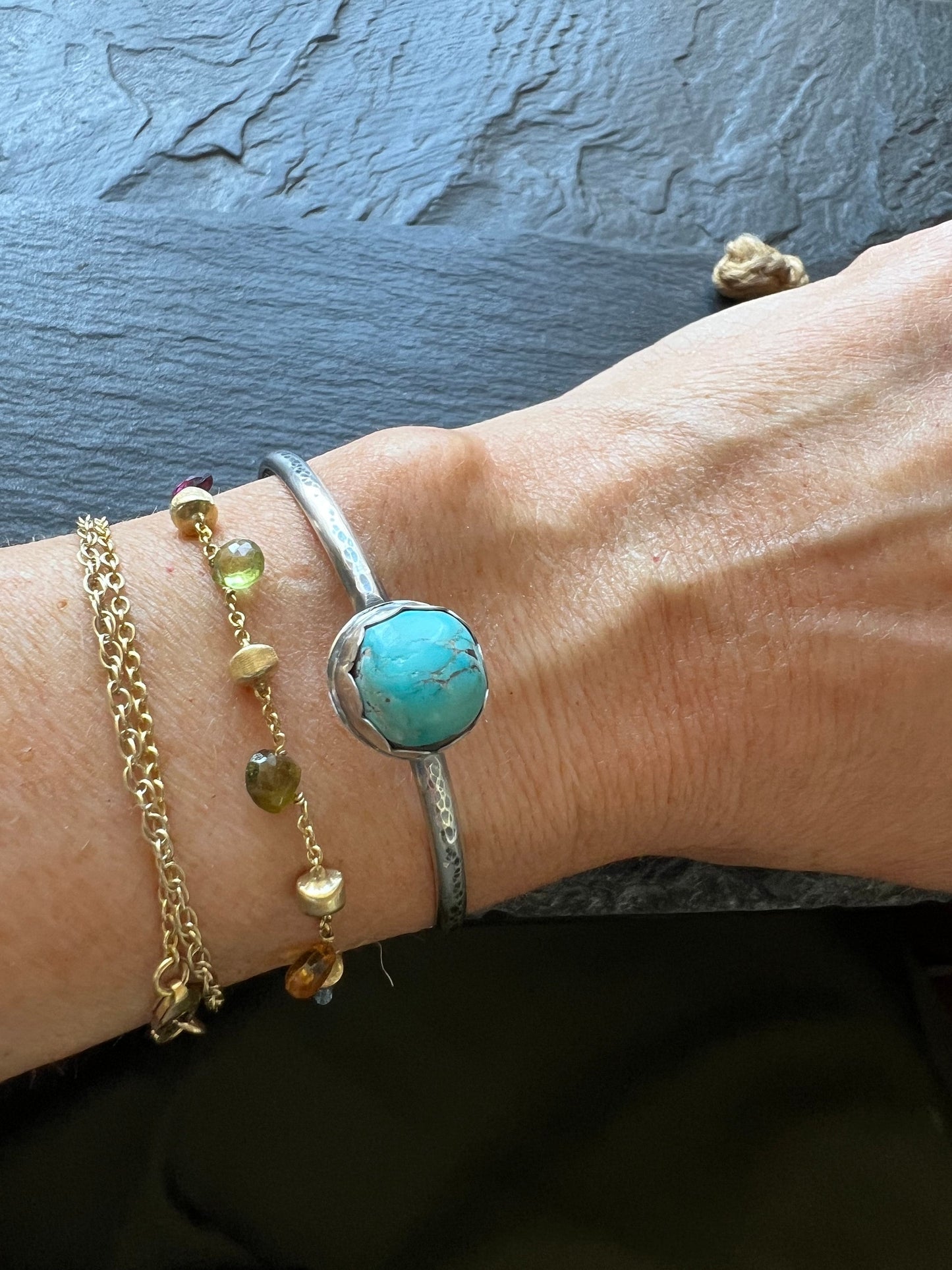 Turquoise and sterling cuff bangle bracelet, bezel set charm silver stacking bracelet, gift for her