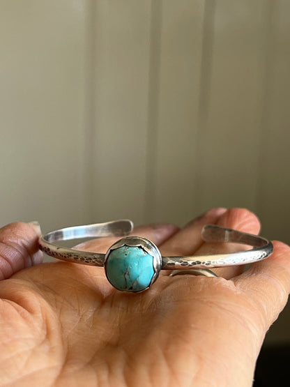 Turquoise and sterling cuff bangle bracelet, bezel set charm silver stacking bracelet, gift for her