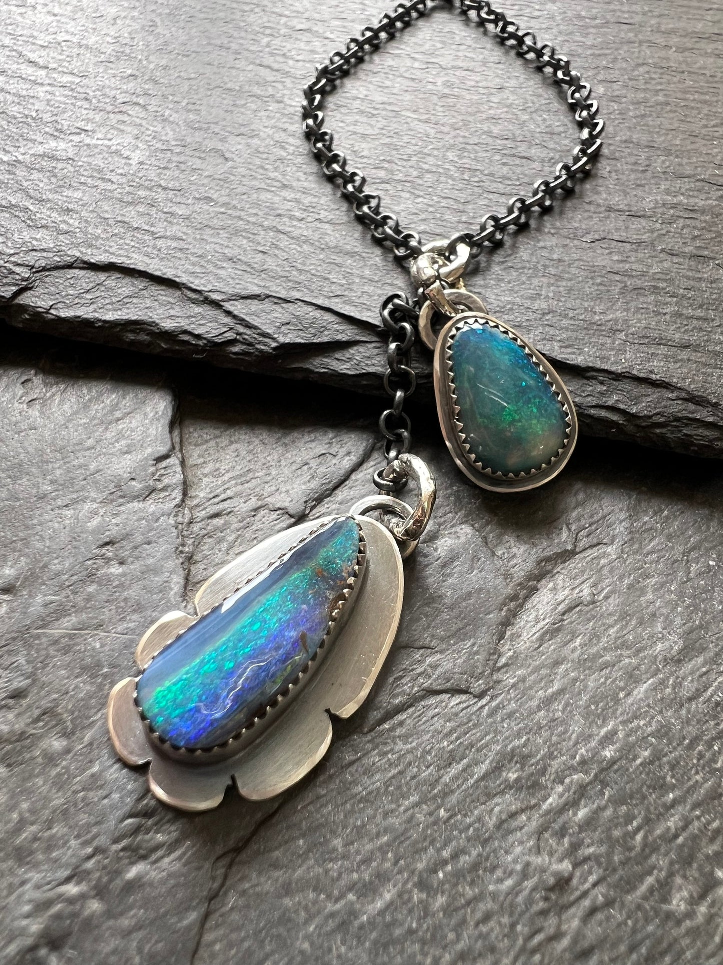 Double boulder opal lariat necklace, seascape blue colourful opal stone necklace