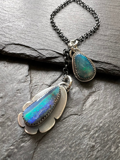 Double boulder opal lariat necklace, seascape blue colourful opal stone necklace